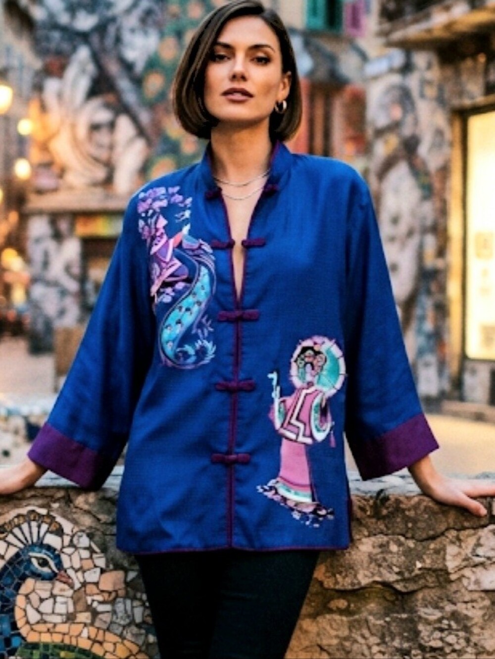 Bob Mackie Vintage Purple Silk Chinese Inspired Embroidered Kimono Jacket Small